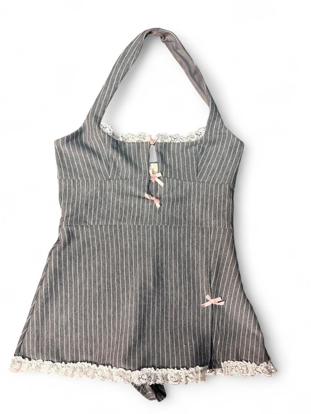 Kimchi Blue Pinstripe Halter Romper Small Lace Pink Bows Coquette Maid Costume